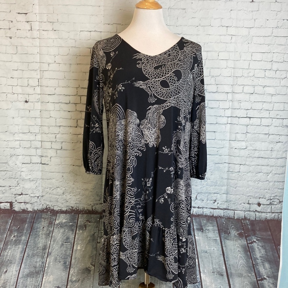 Tori Richard Honolulu Chinese Dragon Print Sz M Lagenlook Long Sleeve Travel